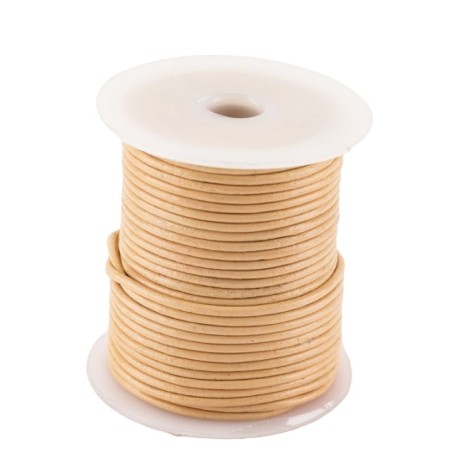 Lacet de cuir de buffle rond 2 mm, couleur naturel et tannage végétal en bobine de 25 mètres.