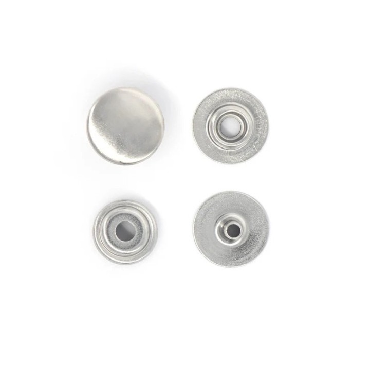 Vue éclatée des 4 éléments d'un bouton pression nickelé pour cuir de 1 à 3 mm