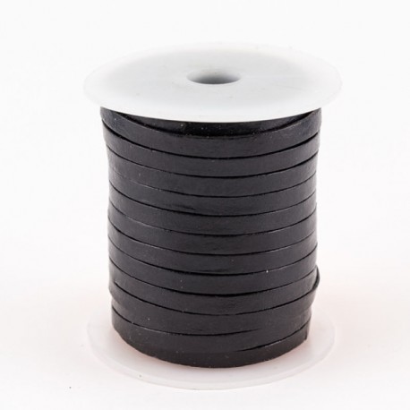 Lacet de cuir plat 5 mm noir en bobine de 25 mètres, tannage végétal, haute qualité.