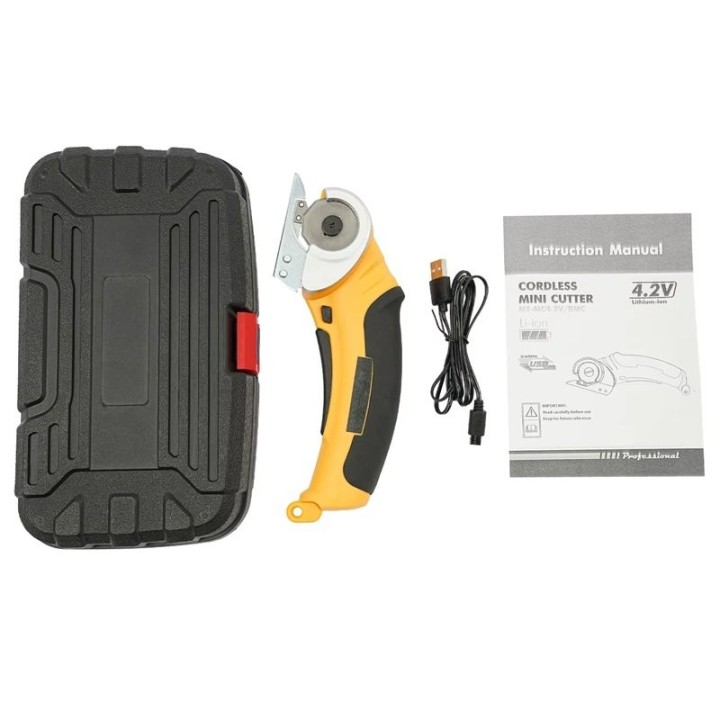 Contenu du coffret cutter électrique : ciseaux rotatifs, mallette ABS, câble de charge et manuel