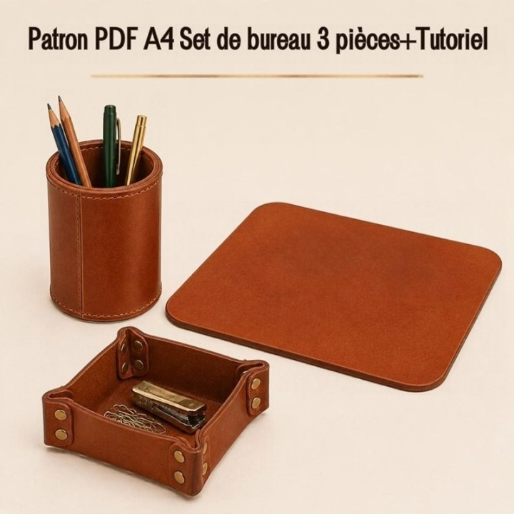 Patron PDF set de bureau en cuir 3 pièces – Gobelet, tapis de souris, boîte.