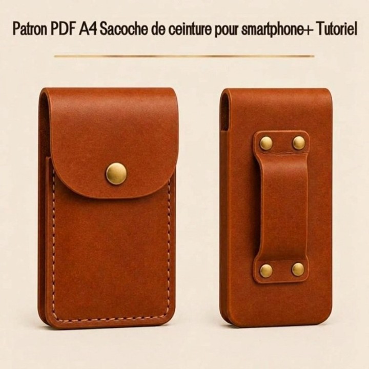 Patron PDF : sacoche de ceinture en cuir pour smartphone, rabat pression, passant riveté.
